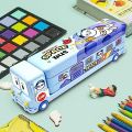 Umadiya® Branded Metal Double Decker Bus Shape Pencil Box for Kids with Moving Tyres & 3 Compartments Pencil Case for Boys & Girls - Blue (Toys & Games). 