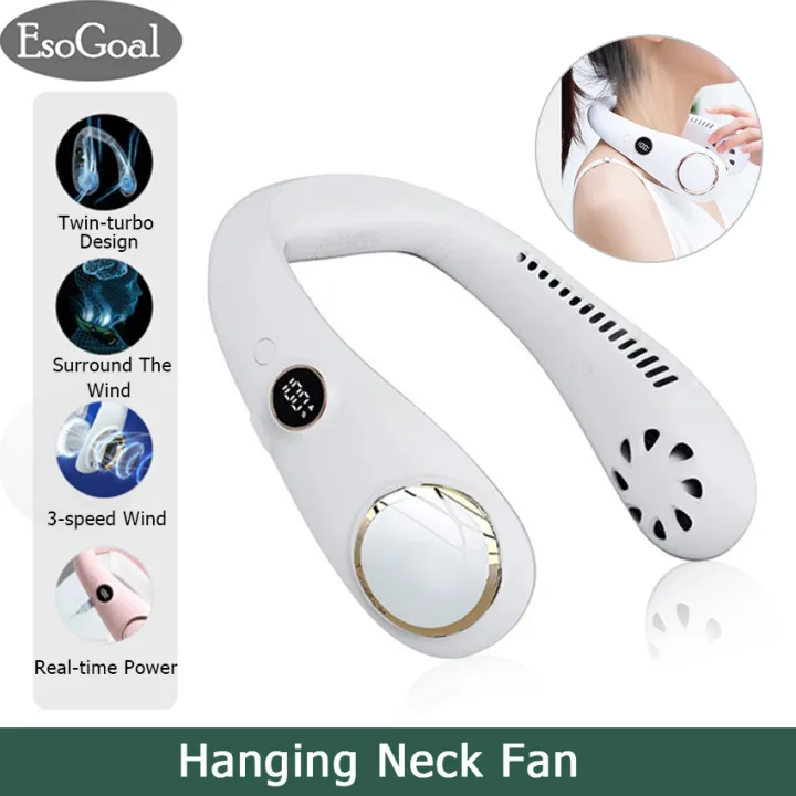 EsoGoal Hanging Neck Fan LED Digital Display Portable Cooler Fan Bladeless Fan Personal Wearable Neckband 3 Speeds Adjustment Twin-Turbo Leafless 360° Neckband Fan USB Rechargeable Fan Mini Neck Fan