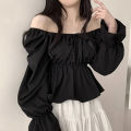 2025 Fashion New Ruffle White Long sleeved Women's Blouses Square Neck Sexy Short Shirt Korean Style Flare Sleeve Sweet Tops. 