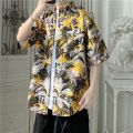 Hong kong style retro ulzzang Short Sleeve Printed Shirt Men's Harajuku Style Loose ins Shirt Beach Couple Sun-Protective Clothing Tide. 