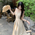 Korean High Waist Pleated Long Dress Ladies Summer Casual Sleeveless Holiday Beach Vestidos Elegant Spaghetti Strap Maxi Dresses. 