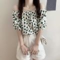 Chiffon Korean Style Polka Dot French Style Short Sleeve New Puff Sleeve Summer Shirt Top off-Shoulder Floral Western Style Youthful-Looking. 