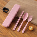 Japanese creative wheat straw portable tableware box set of three students cute chopsticks box spoon fork with long handle.. 