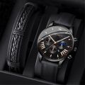 2Pcs Male Leather Bracelets Quartz Watch Set Man Fashion Casual Accessories. 