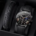 Enacolor 2Pcs/Set Simple Male Leather Bracelets Quartz Watch Set Fashion Casual Accessories Men Gift. 