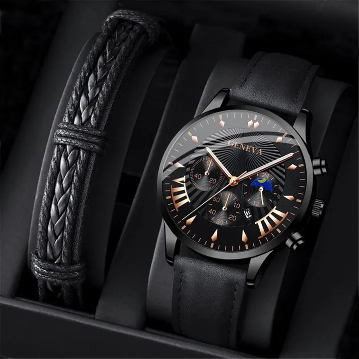 Enacolor 2Pcs/Set Simple Male Leather Bracelets Quartz Watch Set Fashion Casual Accessories Men Gift