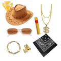 West Cowboy Hat Kit Printed Square Scarf Retro Glass Hiking Hat Ring Square Scarf Western Cowboy Set. 
