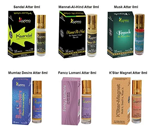 KAZIMA%20Unisex%20Roll-on%20Attar%20Perfume%20Combo%20(K%20Sandal,%20Mannat-al-Hind,%20K%20Musk,%20Mumtaz%20Desire,%20Fancy%20Lamani,%20K%20Star-Magnet)%20Free%20From%20Alcohol,%20(8%20ml%20each,%20Combo%20of%206)(FROM%20INDIA)NUZ%20-%20Image%202