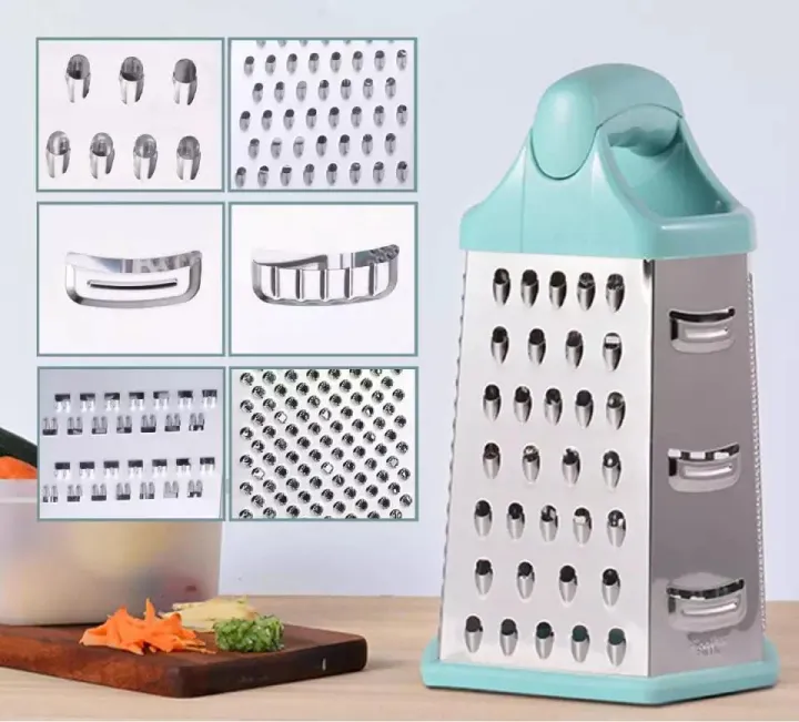 Professional Box Grater, Stainless Steel with 6 Sides Kitchen Box Grater, Stainless Steel Cheese Grater - 6 Sides Stand Grater with Rubber Handle & Base for Parmesan Cheese, Ginger, Vegetables