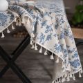 【Direct-sales】 60*60cm Soft With Tassels Blue and White Porcelain Tablecloth Classic Washable Linen Cotton Tablecloth Thicker Vintage Table Cover Table Decorations.