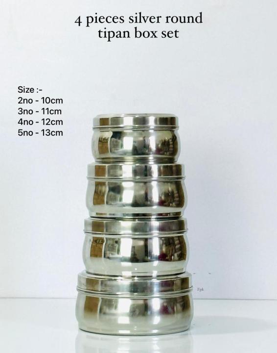 High Quality 4-Piece Stainless Steel Round Tipan Box Set – Silver Food Storage Containers with Lids (10cm to 13cm