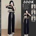 Fashion Suit Women's Summer New Korean Style Loose Salt Wear StripedPoloCollar Top Wide Leg Pants Two-Piece Set. 