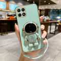 For Honor X6 4G / Honor X6A / Honor X5 Back Cover with Lanyard + Cartoon Astronaut Folding Stand Luxury 6D Plating Square Frame Phone Case Shiny Soft Silicone Protective Cases Pouch Girls. 