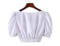 Women’s White Puff Sleeve Crop Top – Elegant Elastic Hem Blouse. 