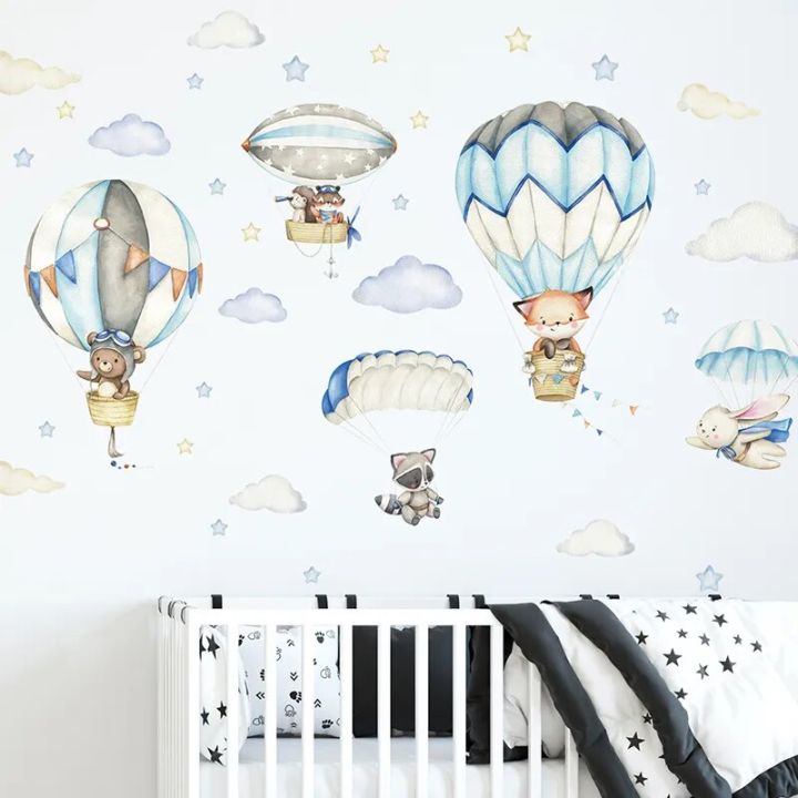 Watercolor Animals Hot Air Balloon Clouds Wall Stickers Blue Color for ...