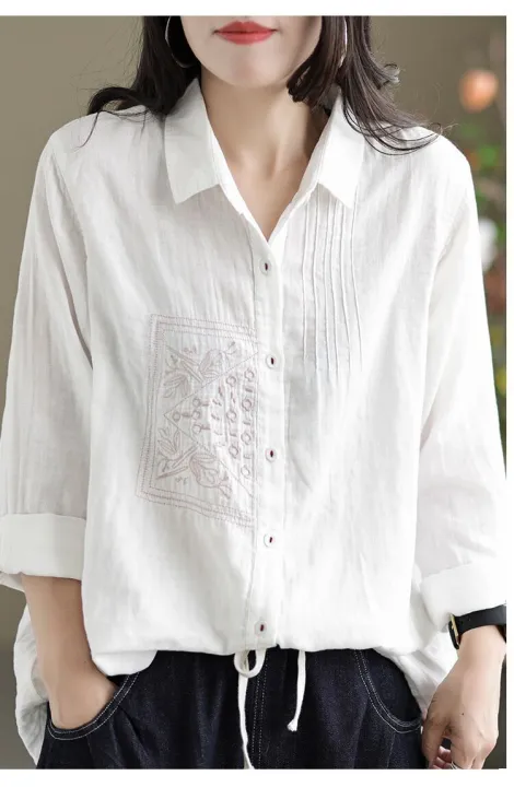 Yfashion%20Women%20Cotton%20Long%20Sleeves%20Blouse%20Trendy%20Retro%20Solid%20Color%20Embroidery%20Shirt%20Loose%20Single%20Breasted%20Cardigan%20Tops%20-%20Image%204