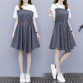 Korean Style Summer New Plaid Stitching Two-Piece Drawstring Waist Slimming DesignAWord Small Size Dress. 