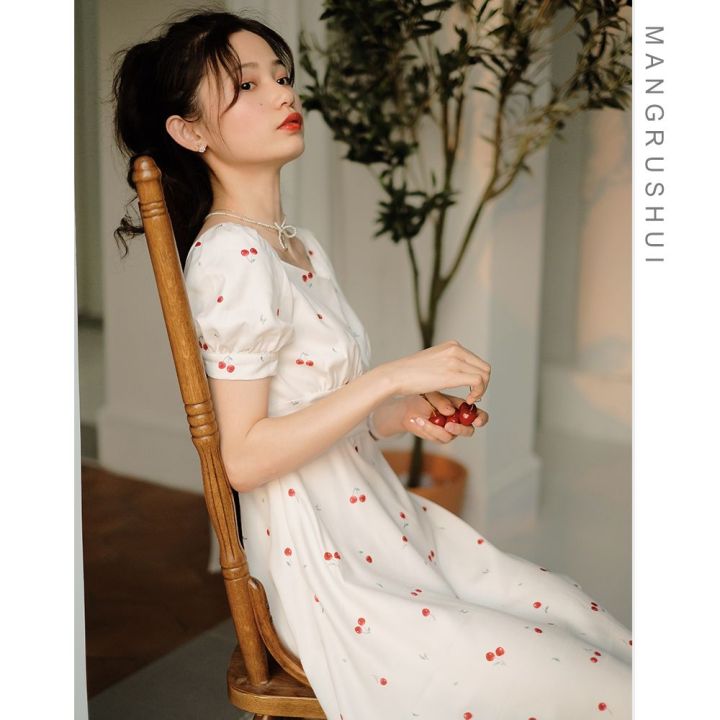 2024 New Summer Clothes Girl's First Love A- line Dress Sweet Student Temperament Slimming French Cherry Dress