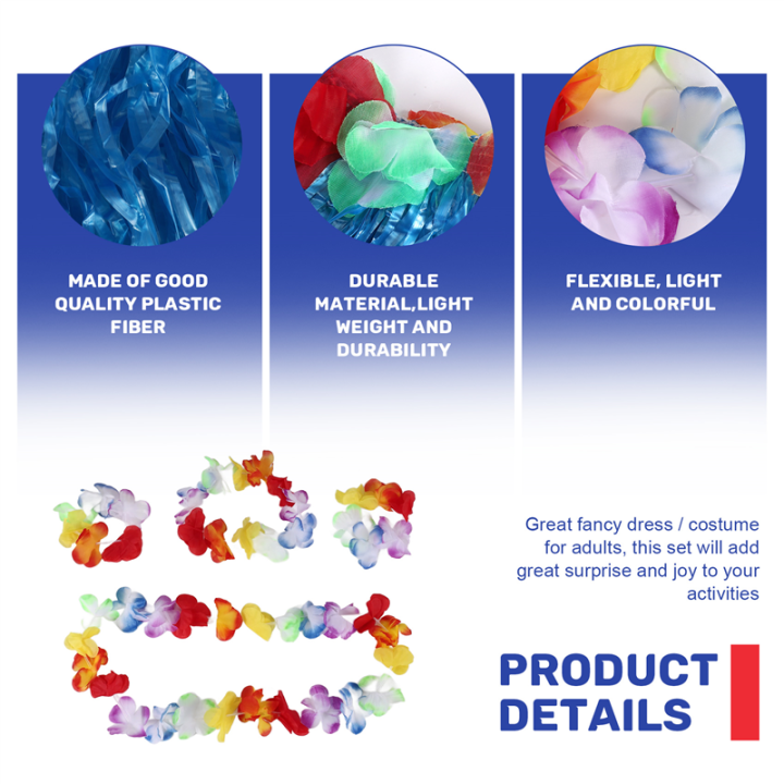 6%20Set%20Hawaiian%20Grass%20Skirt%20Flower%20Hula%20Lei%20Wristband%20Garland%20Fancy%20Dress%20Costume%20-%20Image%203