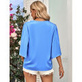 Yfashion Women Fashion Blouses Solid Color V Neck Half Sleeve Shirt Summer Stylish Loose Casual T-shirt Bottoming Top. 