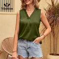 Yfashion Women Satin Tank Top Trendy V Neck Sleeveless Shirt Casual Pullover Tunic Tops For Outdoor Party Club. 