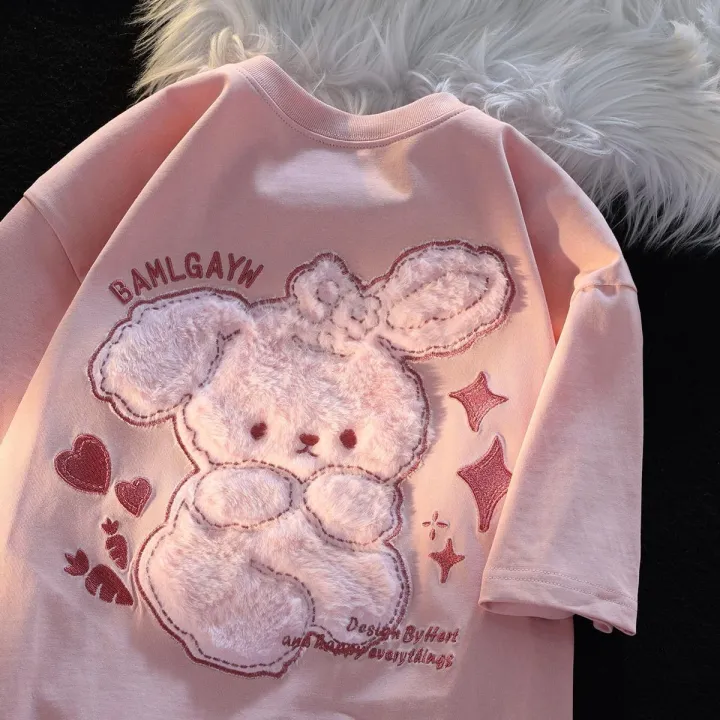 Cute%20Plush%20Rabbit%20Short%20Sleeve%20T%20Women's%20T-shirt%20ins%20Trendy%20Summer%20Design%20Sense%20Niche%20Loose%20Girlfriends%20Clothes%20Summer%20Pure%20Cotton%20Top%20-%20Image%203