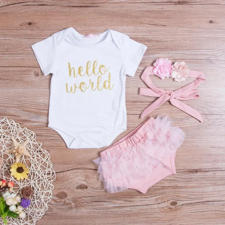 3Pcs Clothes Set!! Newborn Baby Girls Romper Jumpsuit Shorts Pants Outfit+Headband