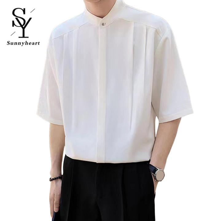 Sunnyheart%20Men%20Solid%20Color%20Shirt%20Men's%20Summer%20Stand%20Collar%20Ice%20Silk%20Shirt%20Casual%20Business%20Top%20for%20Men%20Lightweight%20Half%20Sleeves%20Cardigan%20for%20Office%20Wear%20Lightweight%20Men%20Top%20-%20Image%202