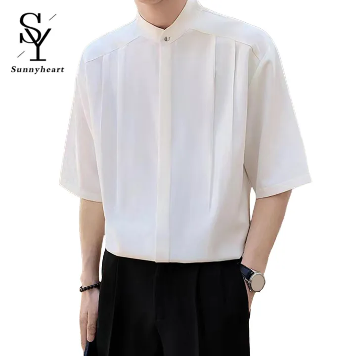 Sunnyheart%20Men%20Solid%20Color%20Shirt%20Men's%20Summer%20Stand%20Collar%20Ice%20Silk%20Shirt%20Casual%20Business%20Top%20for%20Men%20Lightweight%20Half%20Sleeves%20Cardigan%20for%20Office%20Wear%20Lightweight%20Men%20Top%20-%20Image%202