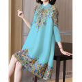 bellylady Women Cotton Improved Cheongsam Dress Vintage Printing Buckle Midi Skirt Loose Plus Size Chinese Style Stand Collar Dress. 