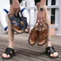 Genuine Black Cow Leather Beach Mens Large Summer Slippers 38-47. 