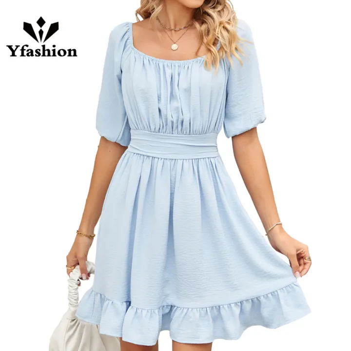 Yfashion%20100%25%20Polyester%20Summer%20New%20Solid%20Color%20Square%20Neck%20Short%20Sleeve%20Loose%20Open%20Back%20Tie%20Dress%20-%20Image%209