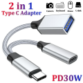2 IN 1 USB C OTG Cable Adapter Type C to USB3.1 PD 30W Fast Charger Port with USB Female Splitter Adapter for Samsung Xiaomi. 