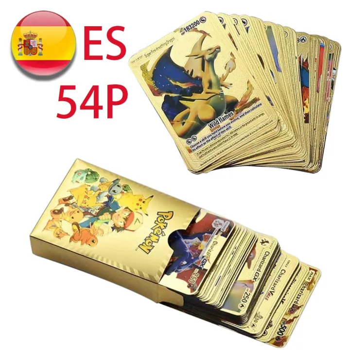 【DIV MALL】EN 54pcs Pokemon Metal Card Box Golden Letters ES Playing Cards Metalicas Charizard Vmax Gx Collection Card Case