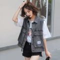 Women's Denim Vest 2023 Spring and Summer New Large Pocket Fashion Popular Sleeveless Waistcoat Coat Top All-Matching. 