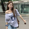 Women's Fashion Letter Print Chic Off-shoulder Short Sleeve Loose Casual T-shirt. 