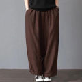 Yfashion Women Cotton Loose Wide-leg Pants Casual Cotton Linen Simple Solid Color Trousers Mid-waist Large Size Thin Pants. 