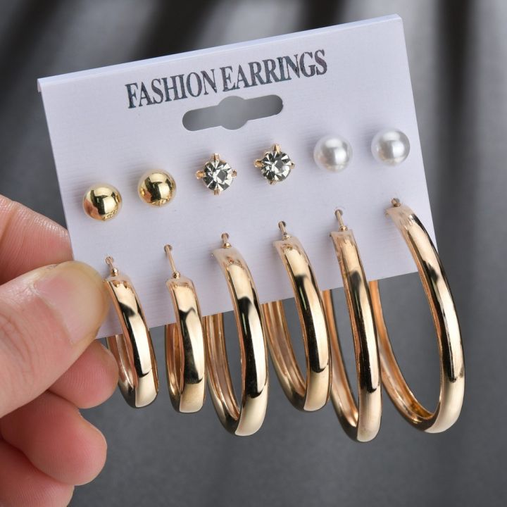 Fashion  Metal Elegant Female Hoop Earrings Crystal Pearl Earings 6Pcs/Set New