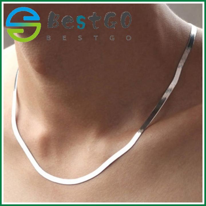【BestGO】Copper Electroplating Necklace Men Women Short Clavicle Blade Chain Silver Jewelry Flat Snake Bone Chain