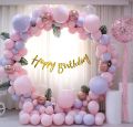 Pastel Theme Happy Birthday decoration items for girls, women, kids with pink, purple and rose gold balloons and happy birthday cursive banner- Pack of 58 Items. 