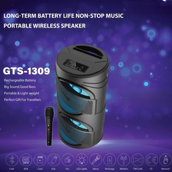 Extra Bass GTS1309 Wireless Portable Speaker Bluetooth, FM Radio, TF Memory Card Reader and USB Pen Drive Music Synchronized Light Display Speaker With Free Mic