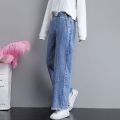 Junior High School Student Wide Leg Jeans for Women Spring and Autumn2023New Girl Loose Waist Trimming Older Children Straight-Leg Pants. 