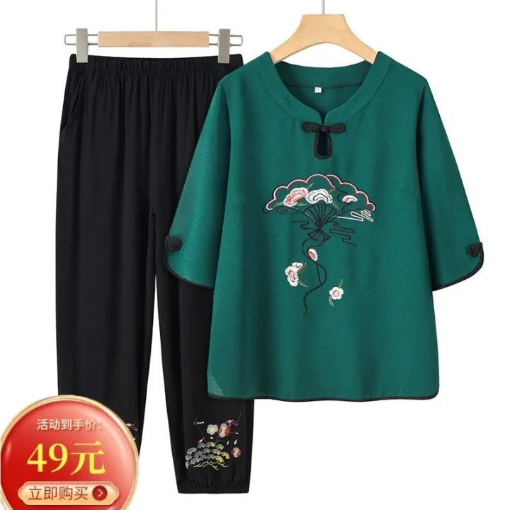 100%25%20Cotton%20Middle-Aged%20and%20Elderly%20Women's%20Dress%20Fashion%20National%20Style%20Embroidery%20Suit%20Female%20Summer%20Half%20Sleeve%20Top%20Two-Piece%20Pants%20-%20Image%204