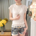 Yfashion Fashion Lace Shirt For Women Cotton Short Sleeves Round Neck Pullover Tops Sweet Solid Color Slim Fit Blouse. 