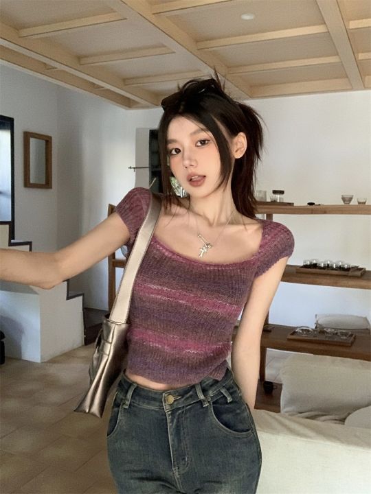 Korean%20Style%20Mixed%20Color%20Stripe%20Short%20Knitted%20T%20T-shirt%20Women's%20Summer%20New%20High%20Waist%20Bare%20Midriff%20Slim%20Fit%20All-Match%20Short-Sleeved%20Shirt%20Fashion%20-%20Image%206