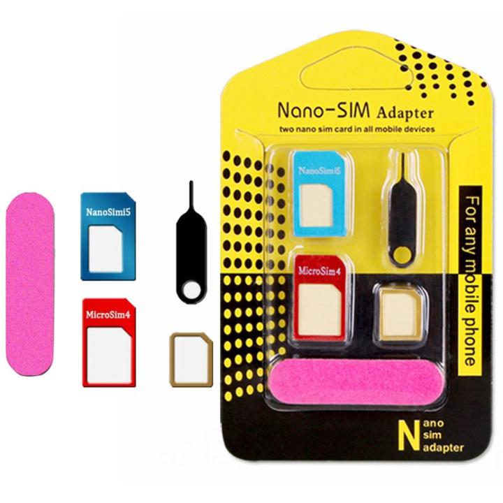 Nano Sim Adapters 5 in 1 Nano Sim Card Adapters + Regular & Micro Sim + Standard SIM Card & Tools Metal Card Case Mobile Phone Card Sleeve Small Card To Large Card Slot Restorer Sim Card Tray Holder