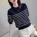 Thin Striped Short Sleeve Rich Top Sweater T T-shirt Fox Ice Silk Base Summer Loose New 2023 Women's shirt. 