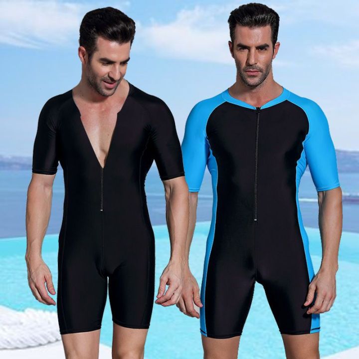 Swimming Suit Men's One-Piece Swimming Trunks Men's Short-Sleeved Sports College Student Training Sun Protection High-End plus Size Swimsuit