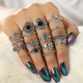 Eancolor  15/PCS Set Retro Silver Open Rings Geometric Black Gemstone Set Rings For Girls. 