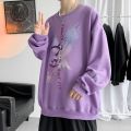 Autumn and Winter Fleece-Lined Crew Neck Sweater Men's Pullover Hong Kong Style Handsome ins Men's and Women's plus Size Thin Long-Sleeved Clothes. 